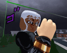 a cartoon character with a purple arrow pointing up