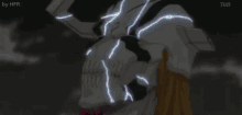 a close up of a cartoon character wearing a helmet with a skull on it 's face .