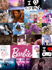 a collage of various images including a barbie logo