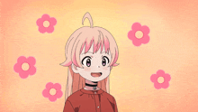 a cartoon girl with pink hair and pink flowers around her