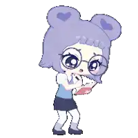 a pixel art drawing of a girl with purple hair holding a notebook and a pen .