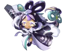 a pixel art of a girl with purple hair and a sword