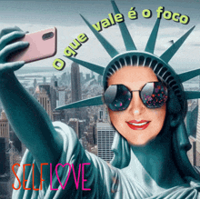a picture of the statue of liberty taking a selfie with sunglasses on