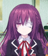a girl with purple hair and a bandage on her eye is wearing a school uniform