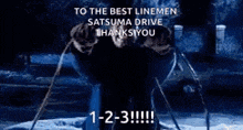 a person is standing in front of a lightning bolt with the words `` to the best linemen satsuma drive thanks you ''