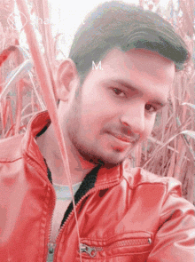 a man in a red jacket is standing in a field