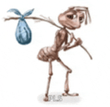 a cartoon ant is carrying a bag and a stick on its back .