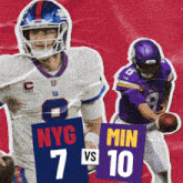 nyc and minnesota football players holding up signs that say nyc 7 vs 10