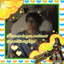 a pixel art of a man in a hospital bed with the words " i am no longer a threat to public safety " above him