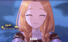 a girl in a video game is smiling and the word bonk is on the bottom