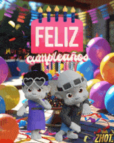 a feliz cumpleanos greeting card with two cartoon characters and balloons