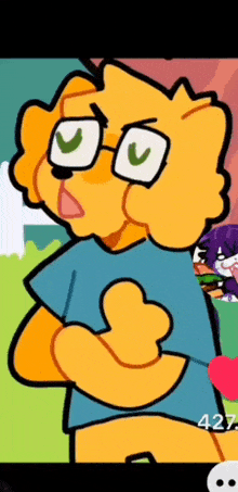 a cartoon character wearing glasses and a blue shirt .