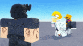 a cartoon character in a black helmet is standing next to a yellow haired character