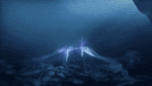 a purple light is shining in the dark water