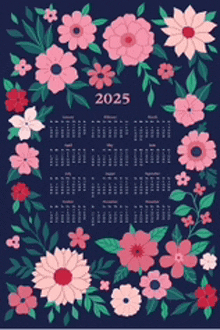 a calendar for the year 2025 with pink flowers and green leaves on a dark blue background