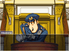 a pixel art illustration of a police officer with the name meekins on the bottom right