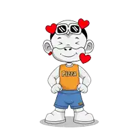 a cartoon character wearing sunglasses and a shirt that says pizza
