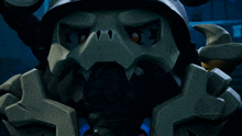 a close up of a cartoon character with a skull head