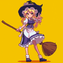 a pixel art of a girl holding a broom and giving a peace sign