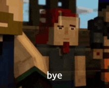 a minecraft character says bye in front of a group of other characters