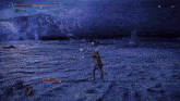 a screenshot of a video game shows a person fighting a monster in the water