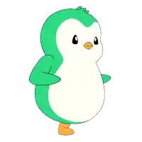 a green and white penguin with a yellow beak is standing on a white background