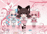 three anime girls are standing next to each other with a pink background