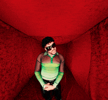 a man wearing sunglasses and a green shirt