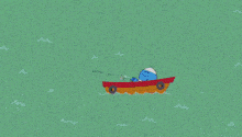 a group of cartoon characters are laying on a beach near a lake