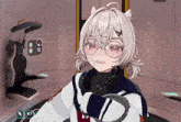 a girl with white hair and red eyes is wearing a headset