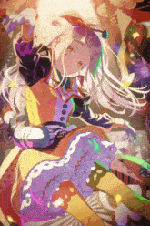 a colorful drawing of a girl with a purple dress