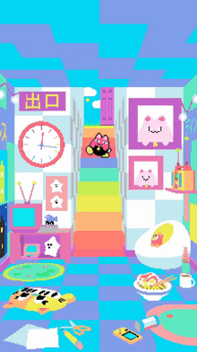 a pixel art of a room with a clock and a rainbow