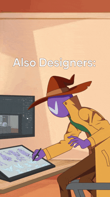 a cartoon drawing of a person with the words also designers written below them