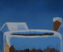 a cartoon cat wearing a santa hat is sitting on top of a snow covered ice cube .