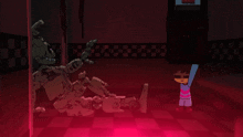 a cartoon of a girl standing next to a broken bunny
