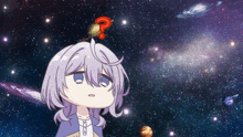 a girl with a question mark on her head looks up at a galaxy