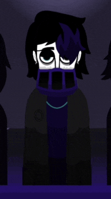 a cartoon character with a purple scarf around his neck and a black jacket