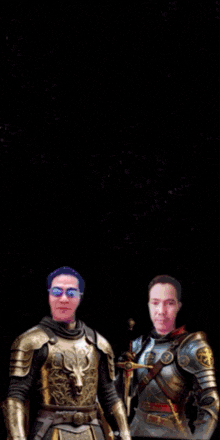 two men in armor with the words askar ew rwk ayo kit battle written above them
