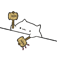 a cartoon cat is holding a hammer that says ban on it .