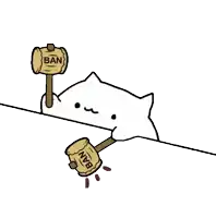 a cartoon cat is holding a hammer that says ban on it .