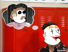 a cartoon of a man and a clown in front of red lockers with the number 140 on them