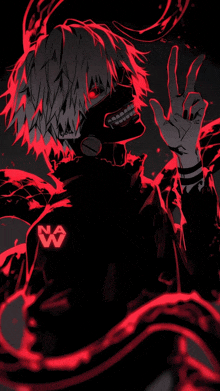 a black and red drawing of a person with red eyes