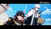 a couple of anime characters standing next to each other with a fan in the foreground