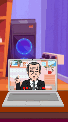 a cartoon of a man talking on a laptop