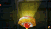 a spinning top in a dark room with a red button in the corner that says ' stop '