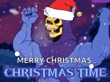 a cartoon of a skeleton wearing a santa hat with the words merry christmas christmas time