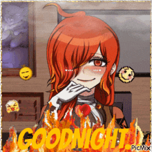 a picture of a girl with red hair and the word goodnight