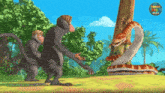 two monkeys are standing next to a snake in a jungle