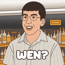 a cartoon drawing of a man with glasses and the word wen on his shirt