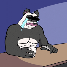 a panda bear is crying while holding a cup of water